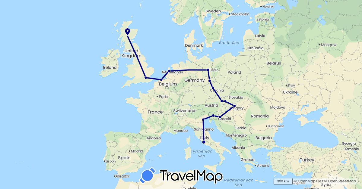 TravelMap itinerary: driving in Austria, Belgium, Czech Republic, Germany, United Kingdom, Croatia, Hungary, Italy, Netherlands, Slovenia, Slovakia (Europe)